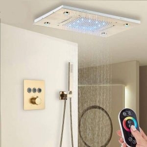 Luxury Gold Thermostatic LED Shower Set with Rainfall & Waterfall Ceiling Mount